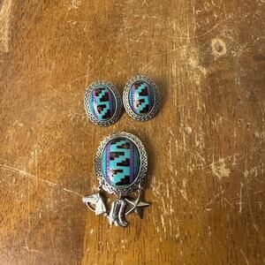 Native American Silver Hand Painted Aztec Geometric Button Covers And Earrings‎